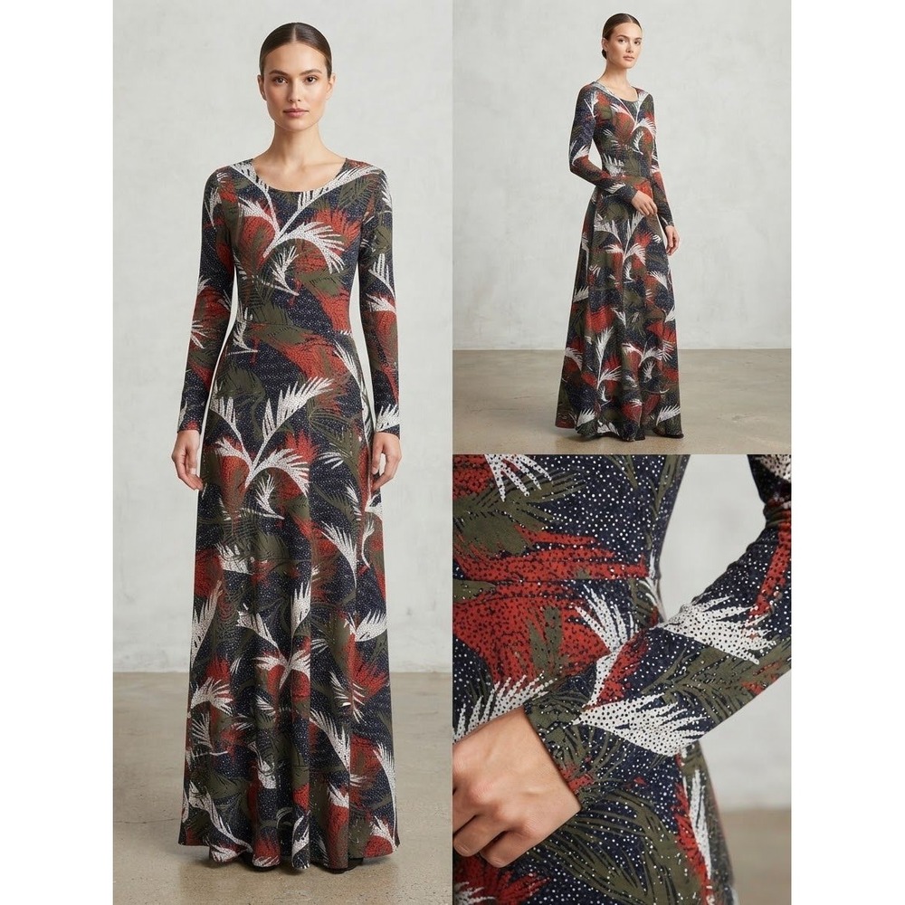 Pia Colors Maxi Dress S Multicolor Tropical Leaf Print Open Back Long Sleeve